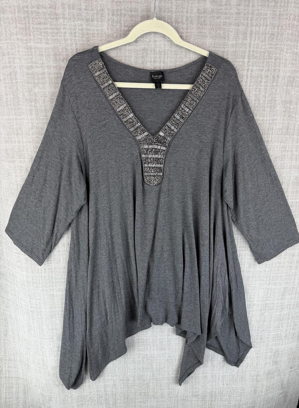 Lavanya Woman Blouse Womens 3X Gray Tunic 3/4 Sleeve V-Neck Beaded Stretch